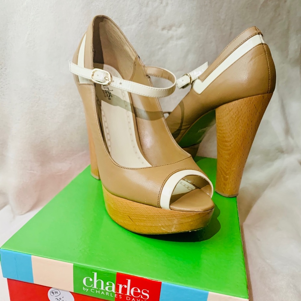 Sassy light brown/tan and white strap heels
